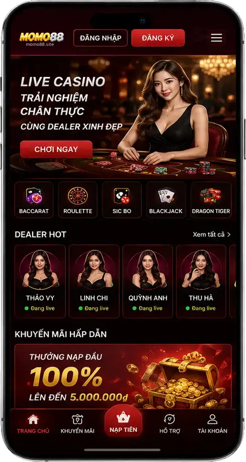 Ứng dụng di động MOMO88 với menu trò chơi và nút tải xuống MOMO88