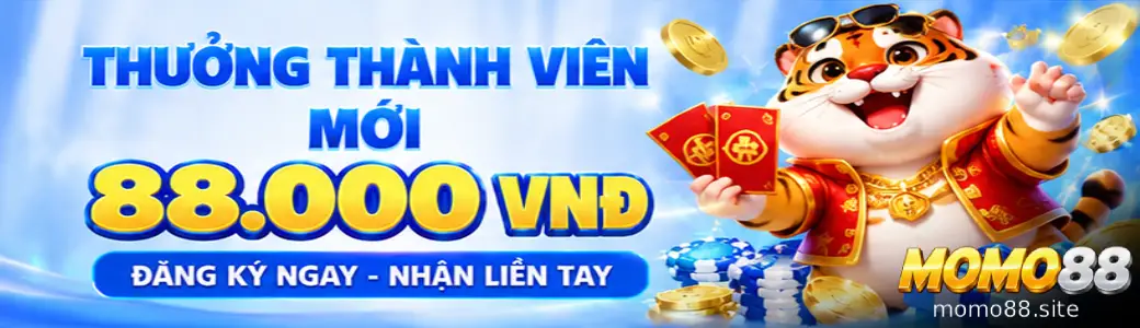 MOMO88 Khuyến mãi banner hiển thị ưu đãi và mã thưởng dành cho thành viên mới và hoàn tiền